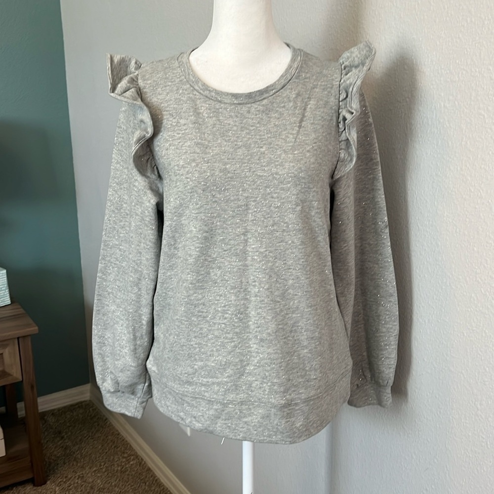 JCrew Factory Ruffle Shoulder Sweatshirt with Foil Light Gray Size Small